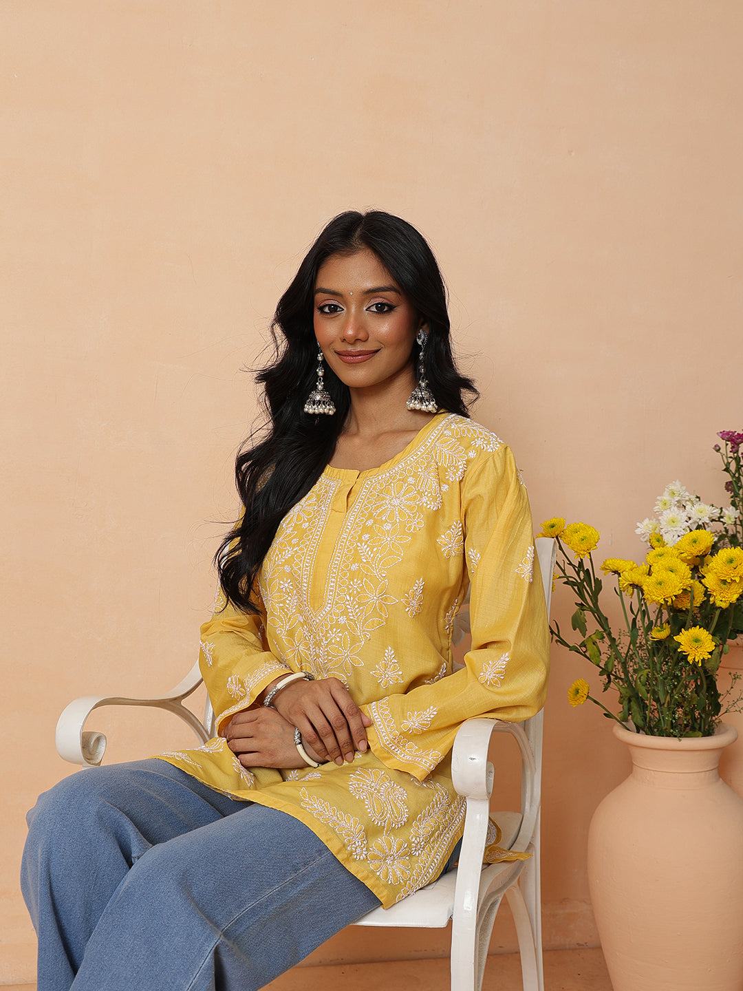 Ada Hand Embroidered Yellow Cotton Lucknowi Chikankari Short Kurti A911584_8