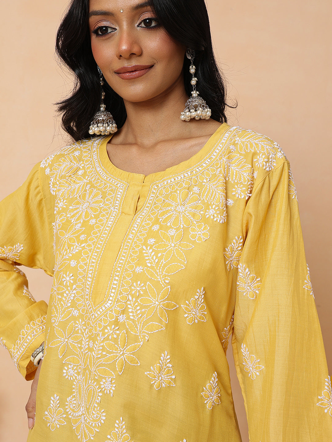 Ada Hand Embroidered Yellow Cotton Lucknowi Chikankari Short Kurti A911584_2