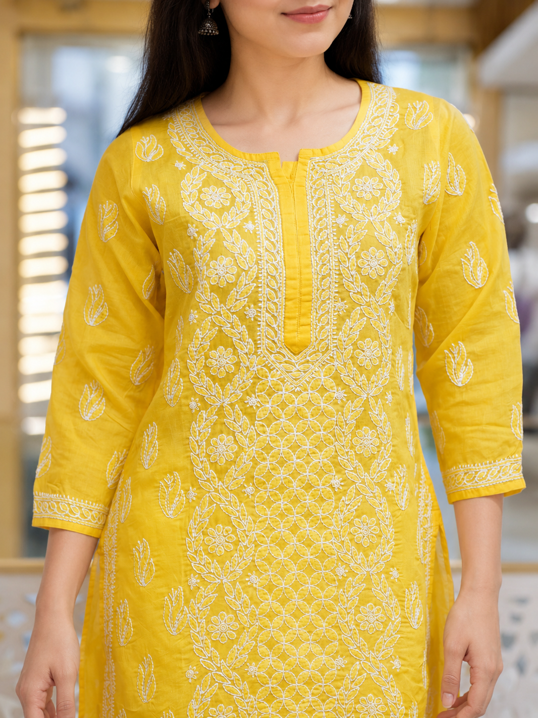 Ada Hand Embroidered Yellow Cotton Lucknowi Chikankari Short Kurti A911594_2