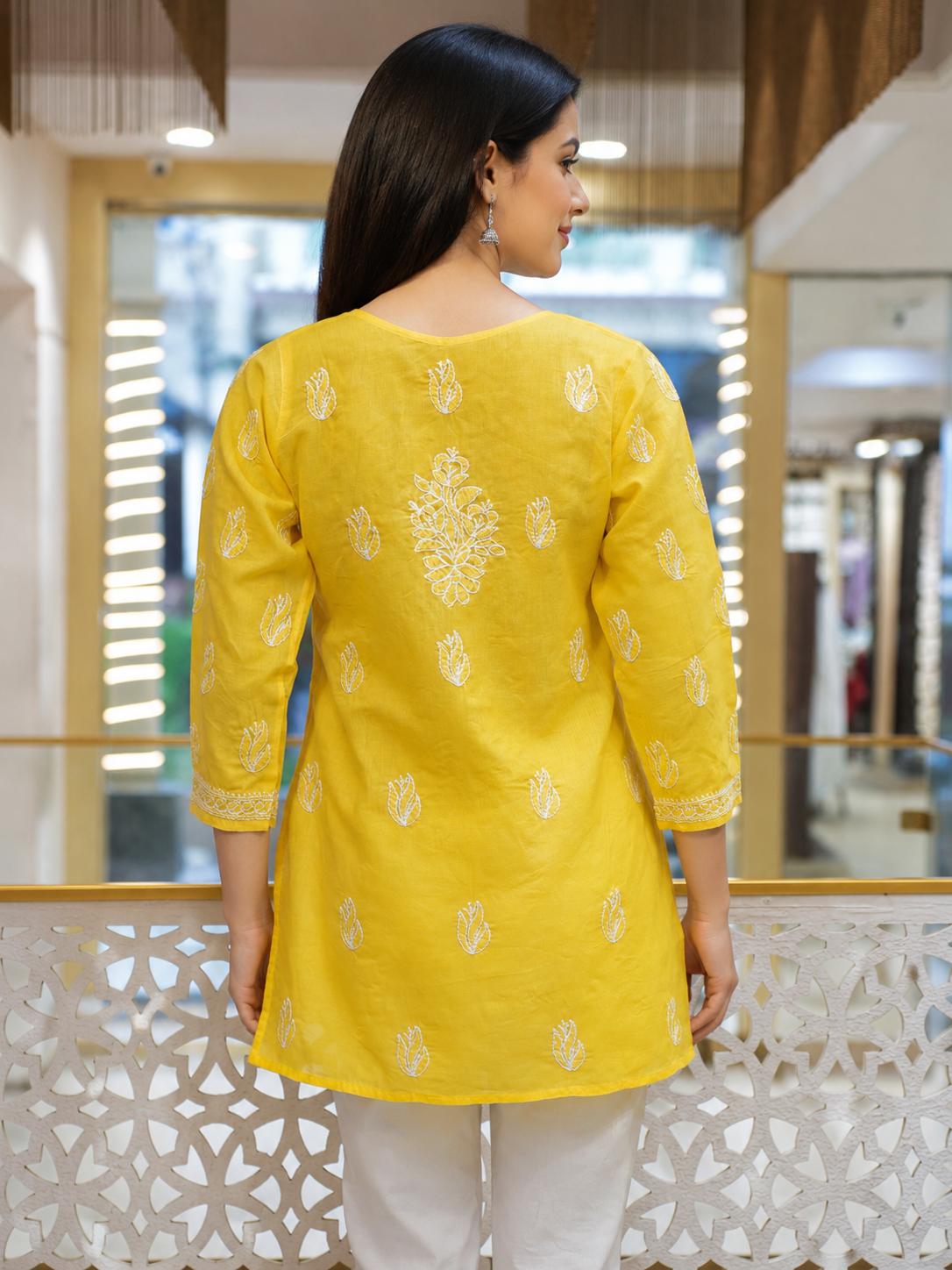 Ada Hand Embroidered Yellow Cotton Lucknowi Chikankari Short Kurti A911594_3