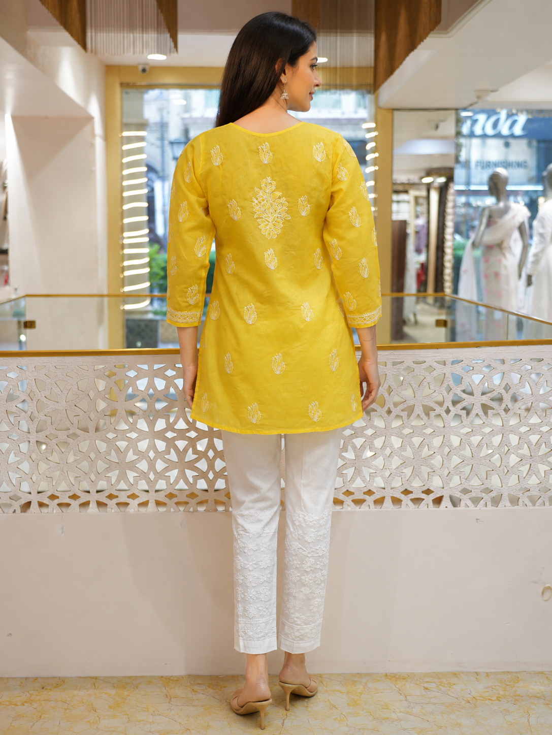 Ada Hand Embroidered Yellow Cotton Lucknowi Chikankari Short Kurti A911594_4
