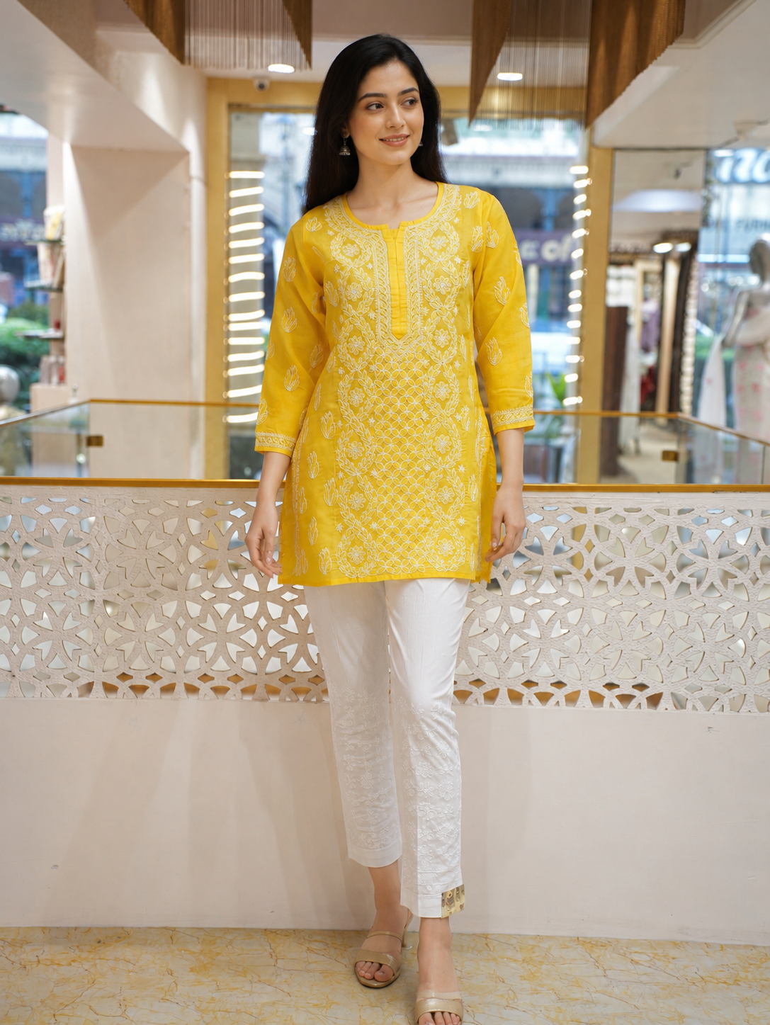 Ada Hand Embroidered Yellow Cotton Lucknowi Chikankari Short Kurti A911594_5