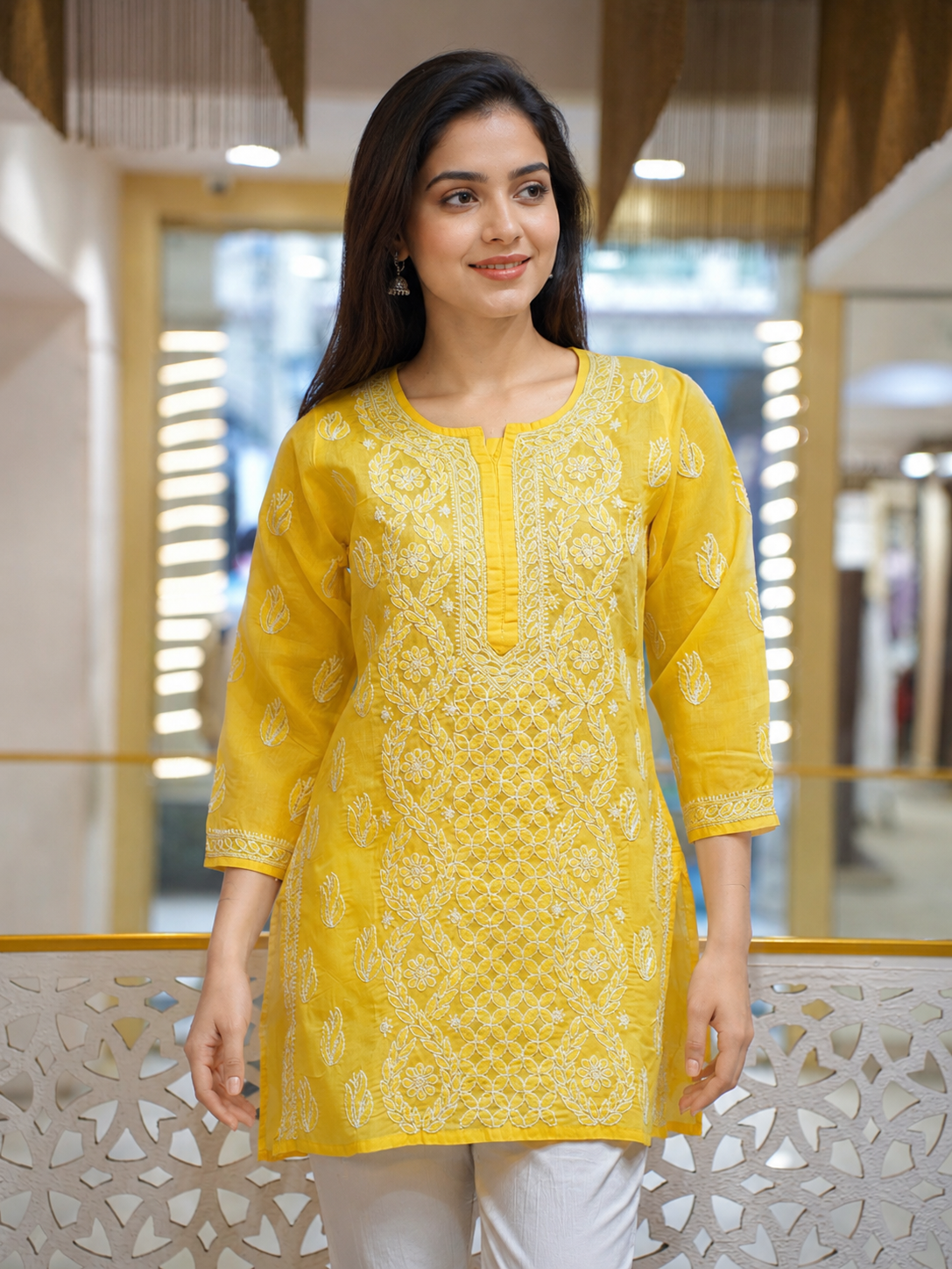 Ada Hand Embroidered Yellow Cotton Lucknowi Chikankari Short Kurti A911594_1