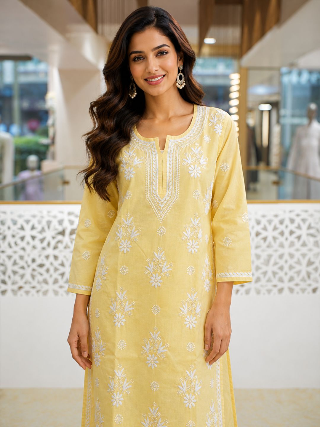 Ada Hand Embroidered Yellow Cotton Lucknowi Chikankari Straight Kurta A011133