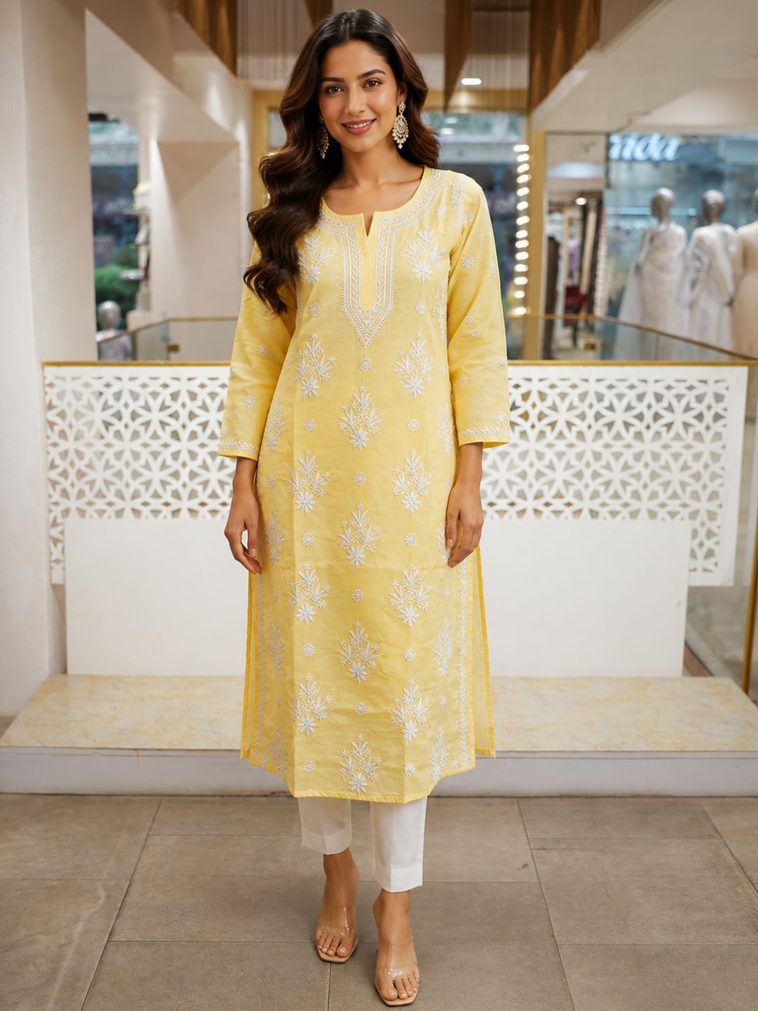 Ada Hand Embroidered Yellow Cotton Lucknowi Chikankari Straight Kurta A011133
