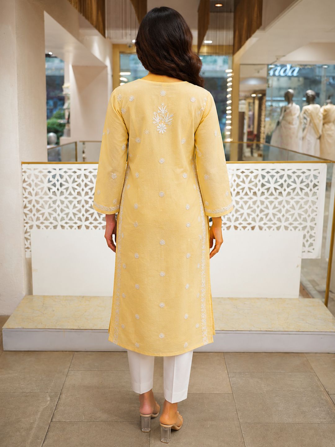Ada Hand Embroidered Yellow Cotton Lucknowi Chikankari Straight Kurta A011133