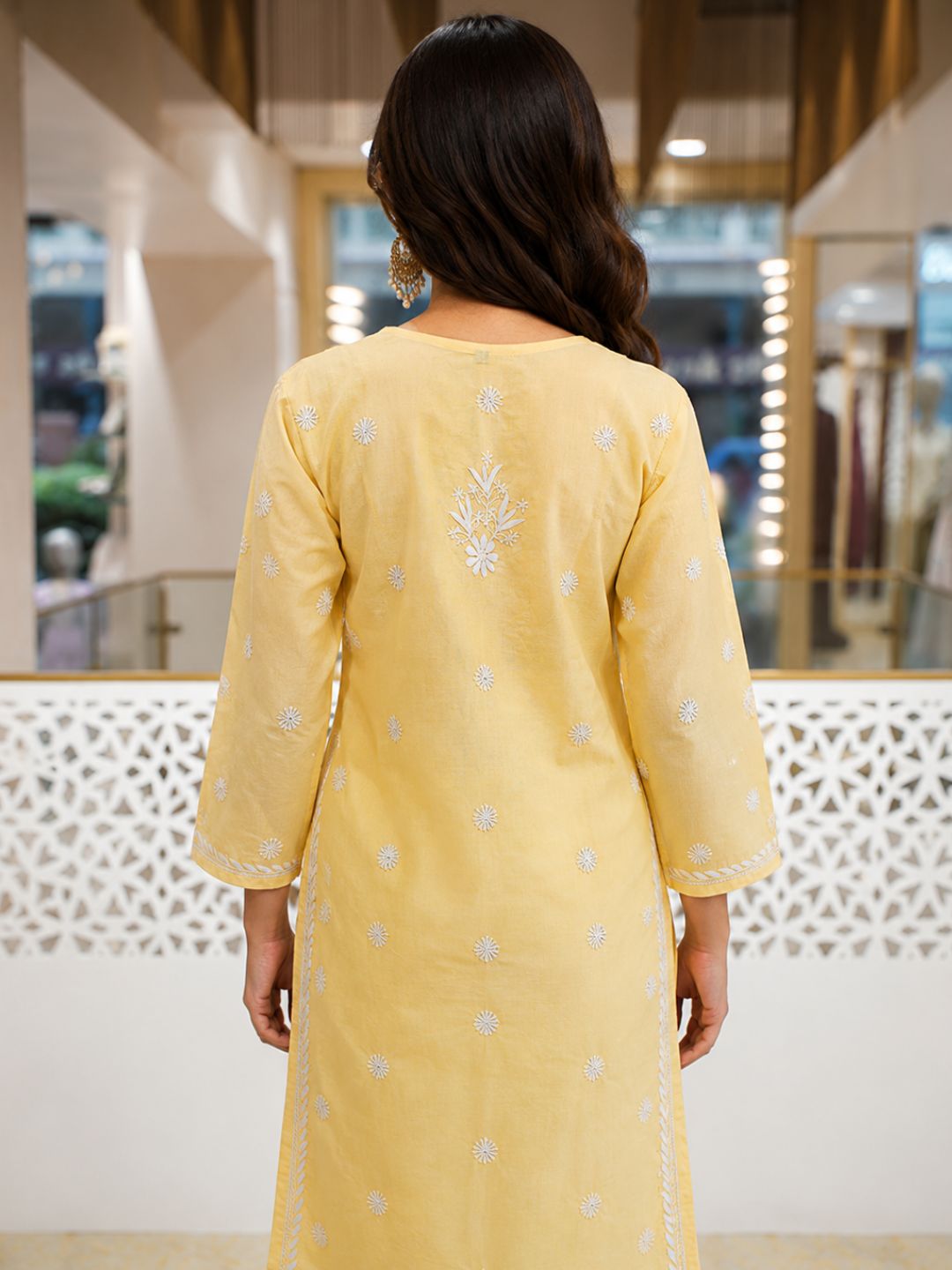 Ada Hand Embroidered Yellow Cotton Lucknowi Chikankari Straight Kurta A011133