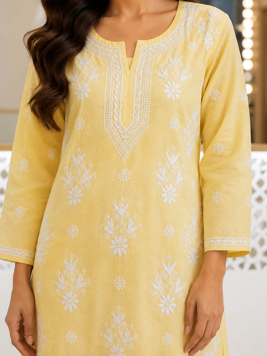 Ada Hand Embroidered Yellow Cotton Lucknowi Chikankari Straight Kurta A011133