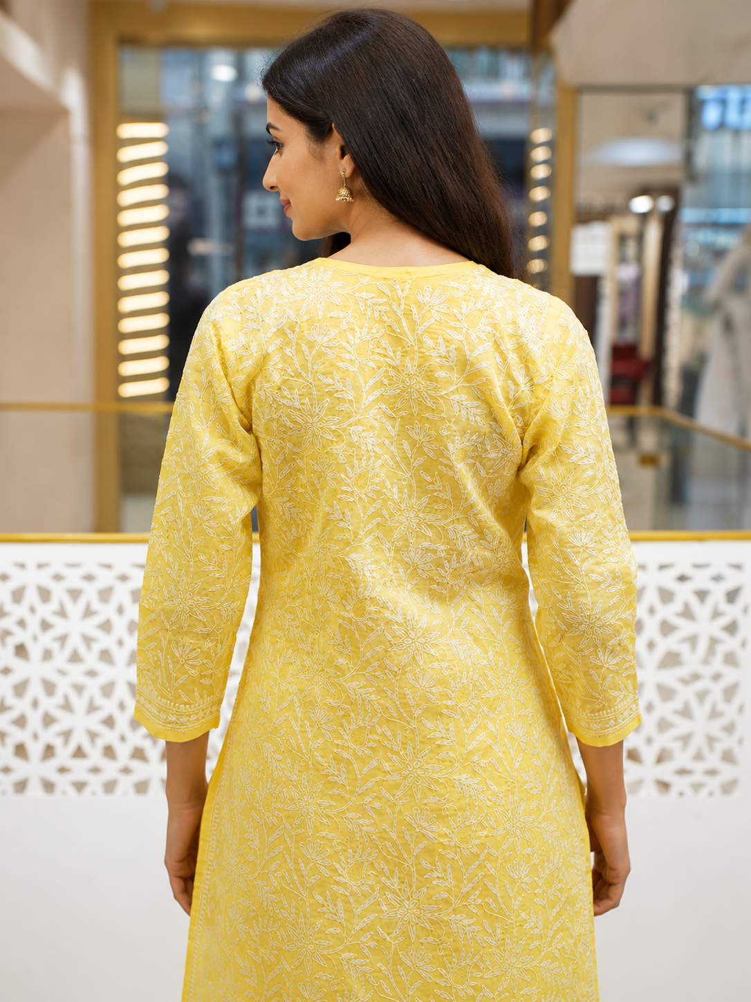 Ada Hand Embroidered Yellow Cotton Lucknowi Chikankari Straight Kurta A011140