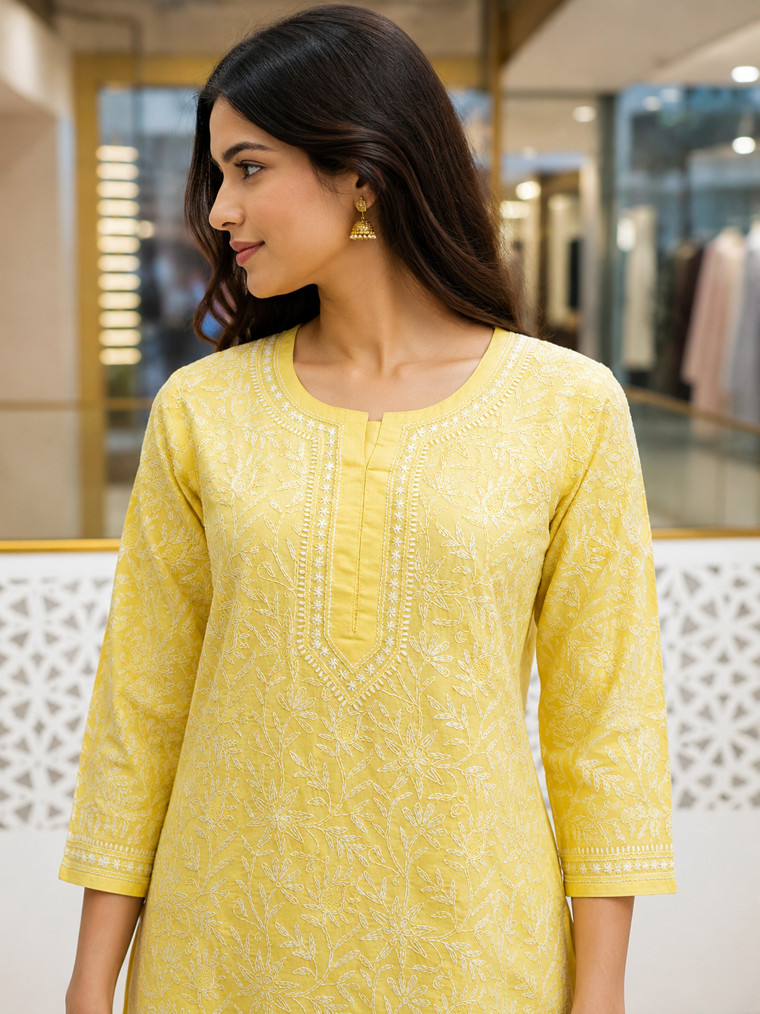 Ada Hand Embroidered Yellow Cotton Lucknowi Chikankari Straight Kurta A011140