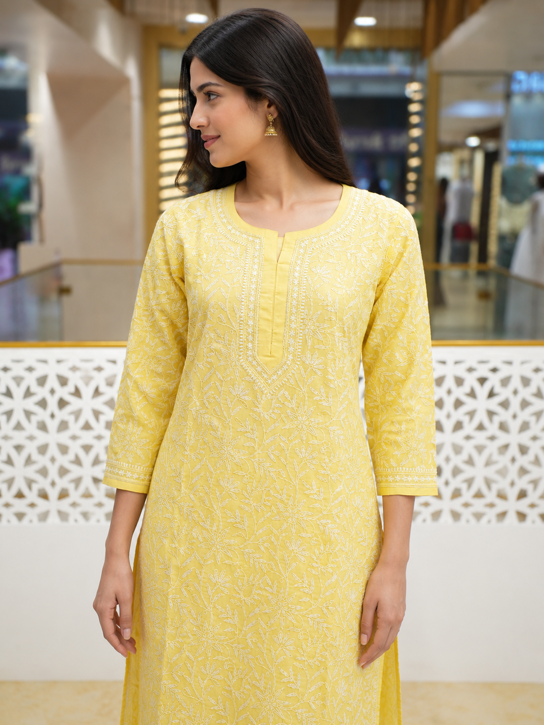 Ada Hand Embroidered Yellow Cotton Lucknowi Chikankari Straight Kurta A011140