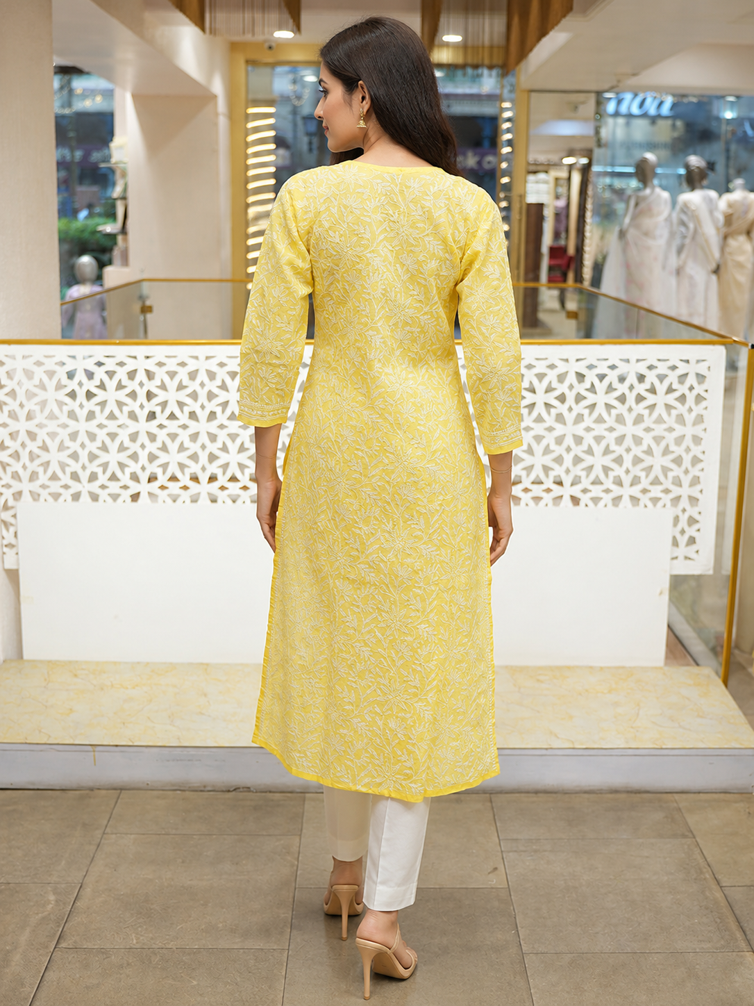 Ada Hand Embroidered Yellow Cotton Lucknowi Chikankari Straight Kurta A011140