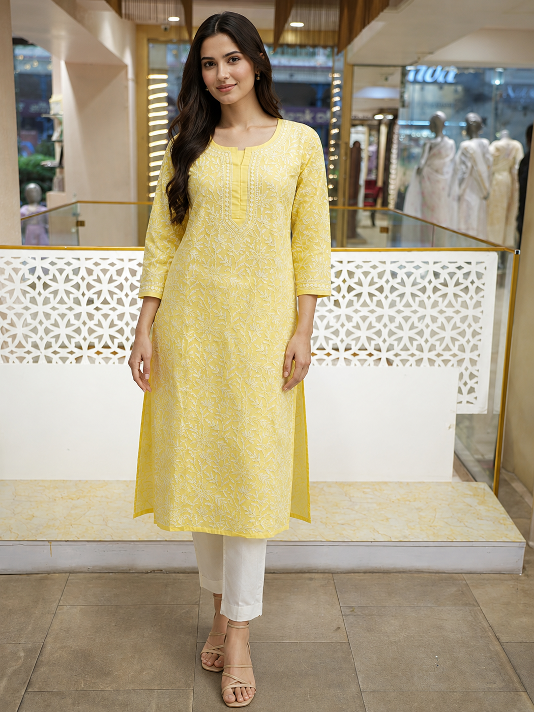 Ada Hand Embroidered Yellow Cotton Lucknowi Chikankari Straight Kurta A011140