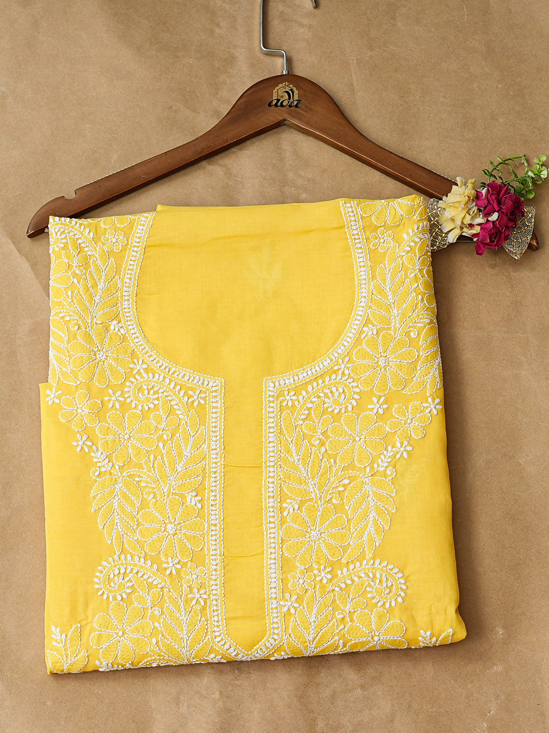 Ada Hand Embroidered Yellow Cotton Lucknowi Chikankari Unstitched Kurta 01A863908