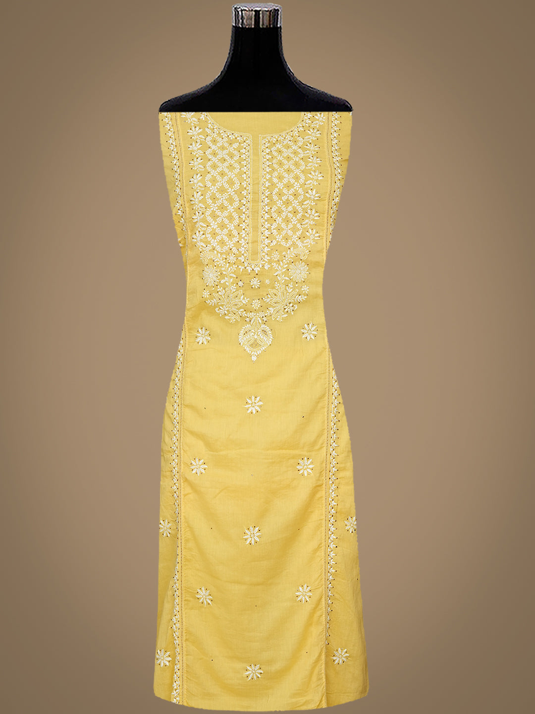 Ada Hand Embroidered Yellow Cotton Lucknowi Chikankari Unstitched Kurta Dupatta Set With Muqaish/Mukaish 01A760115