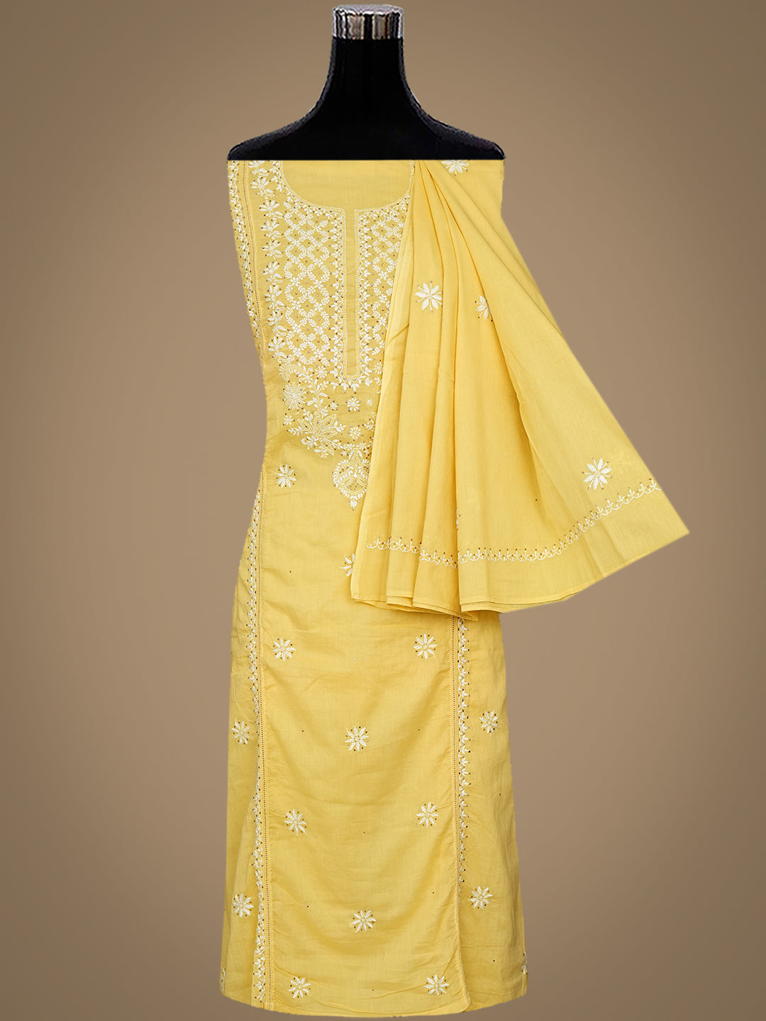 Ada Hand Embroidered Yellow Cotton Lucknowi Chikankari Unstitched Kurta Dupatta Set With Muqaish/Mukaish 01A760115