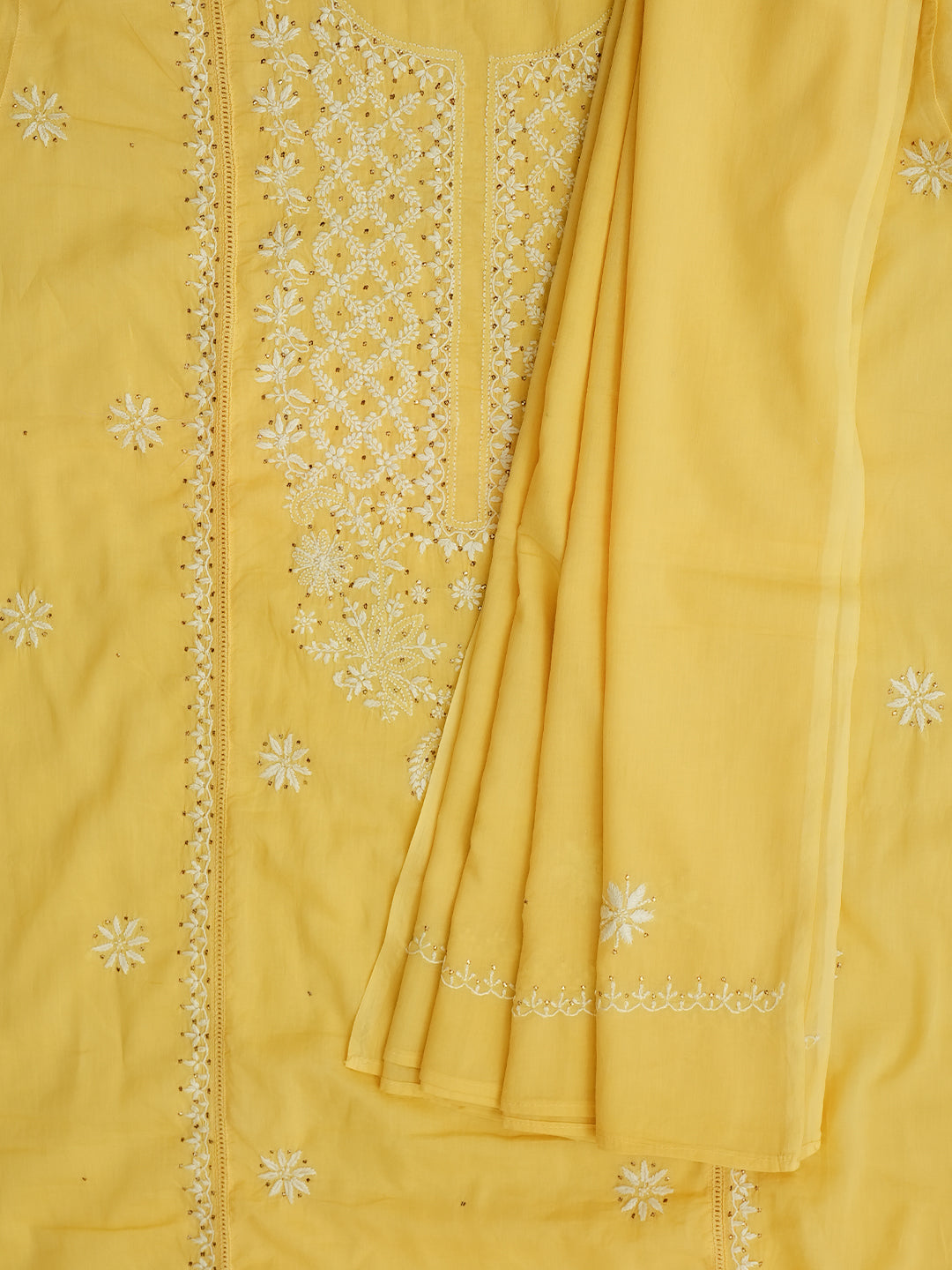 Ada Hand Embroidered Yellow Cotton Lucknowi Chikankari Unstitched Kurta Dupatta Set With Muqaish/Mukaish 01A760115