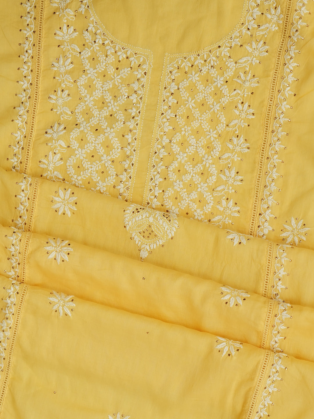 Ada Hand Embroidered Yellow Cotton Lucknowi Chikankari Unstitched Kurta Dupatta Set With Muqaish/Mukaish 01A760115