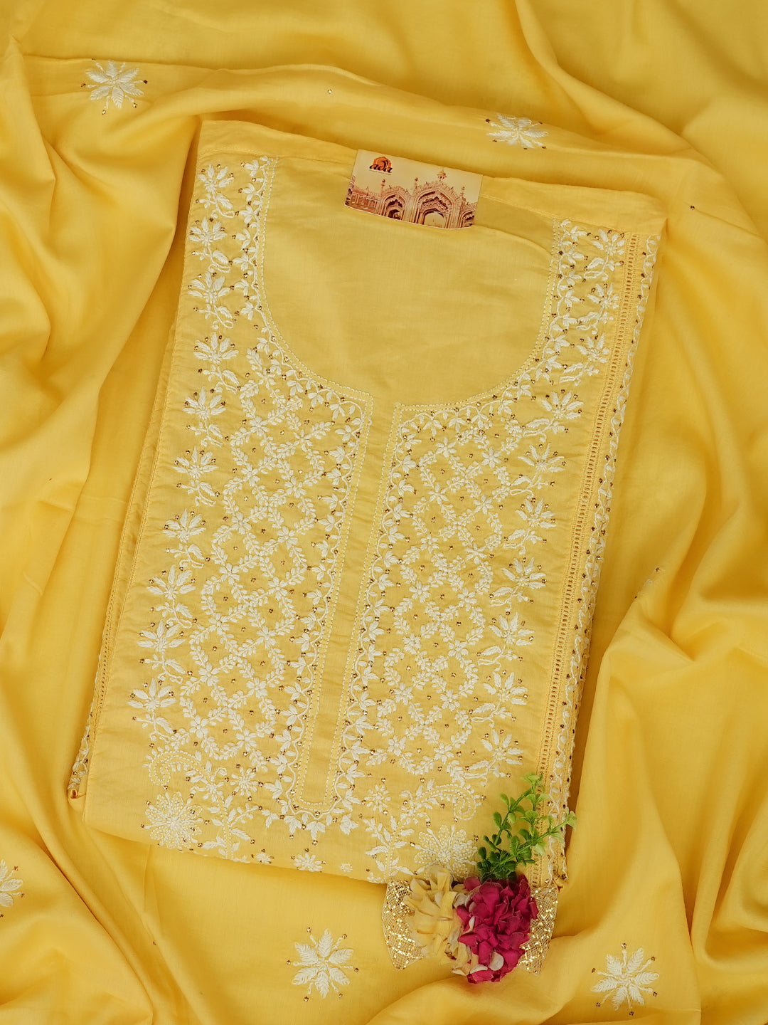 Ada Hand Embroidered Yellow Cotton Lucknowi Chikankari Unstitched Kurta Dupatta Set 01A760115