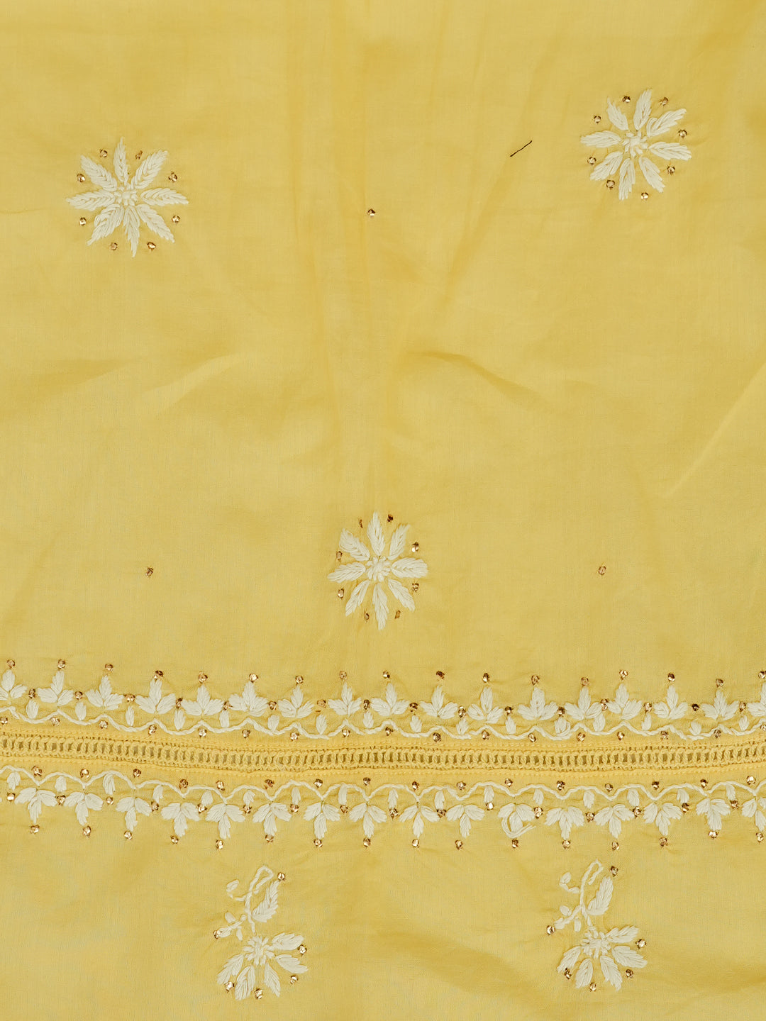 Ada Hand Embroidered Yellow Cotton Lucknowi Chikankari Unstitched Kurta Dupatta Set With Muqaish/Mukaish 01A760115