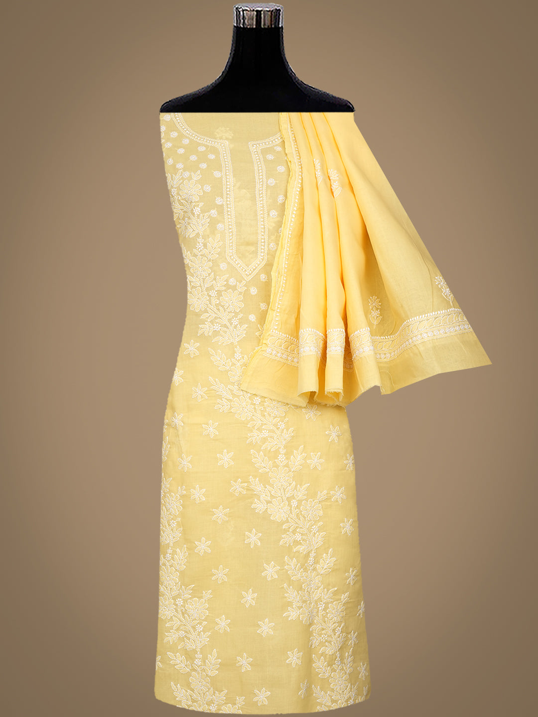 Ada Hand Embroidered Yellow Cotton Lucknowi Chikankari Unstitched Suit Piece 01A914820