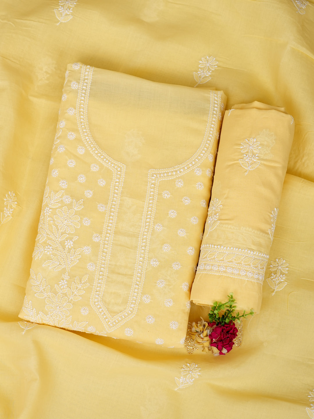 Ada Hand Embroidered Yellow Cotton Lucknowi Chikankari Unstitched Suit Piece 01A914820