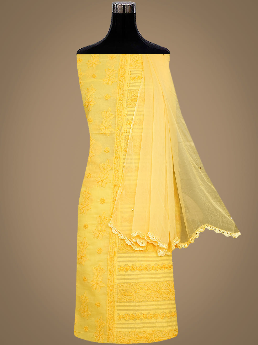 Ada Hand Embroidered Yellow Cotton Lucknowi Chikankari Unstitched Suit Piece 01A981313