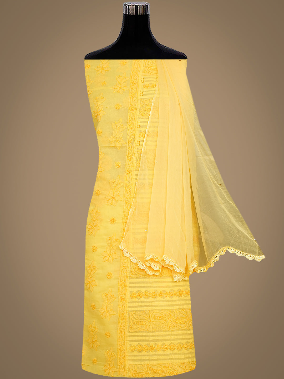 Ada Hand Embroidered Yellow Cotton Lucknowi Chikankari Unstitched Suit Piece 01A981313