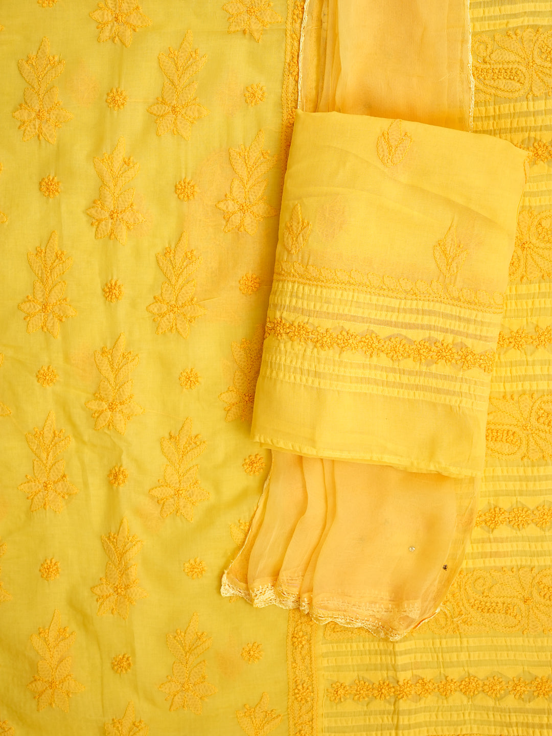 Ada Hand Embroidered Yellow Cotton Lucknowi Chikankari Unstitched Suit Piece 01A981313