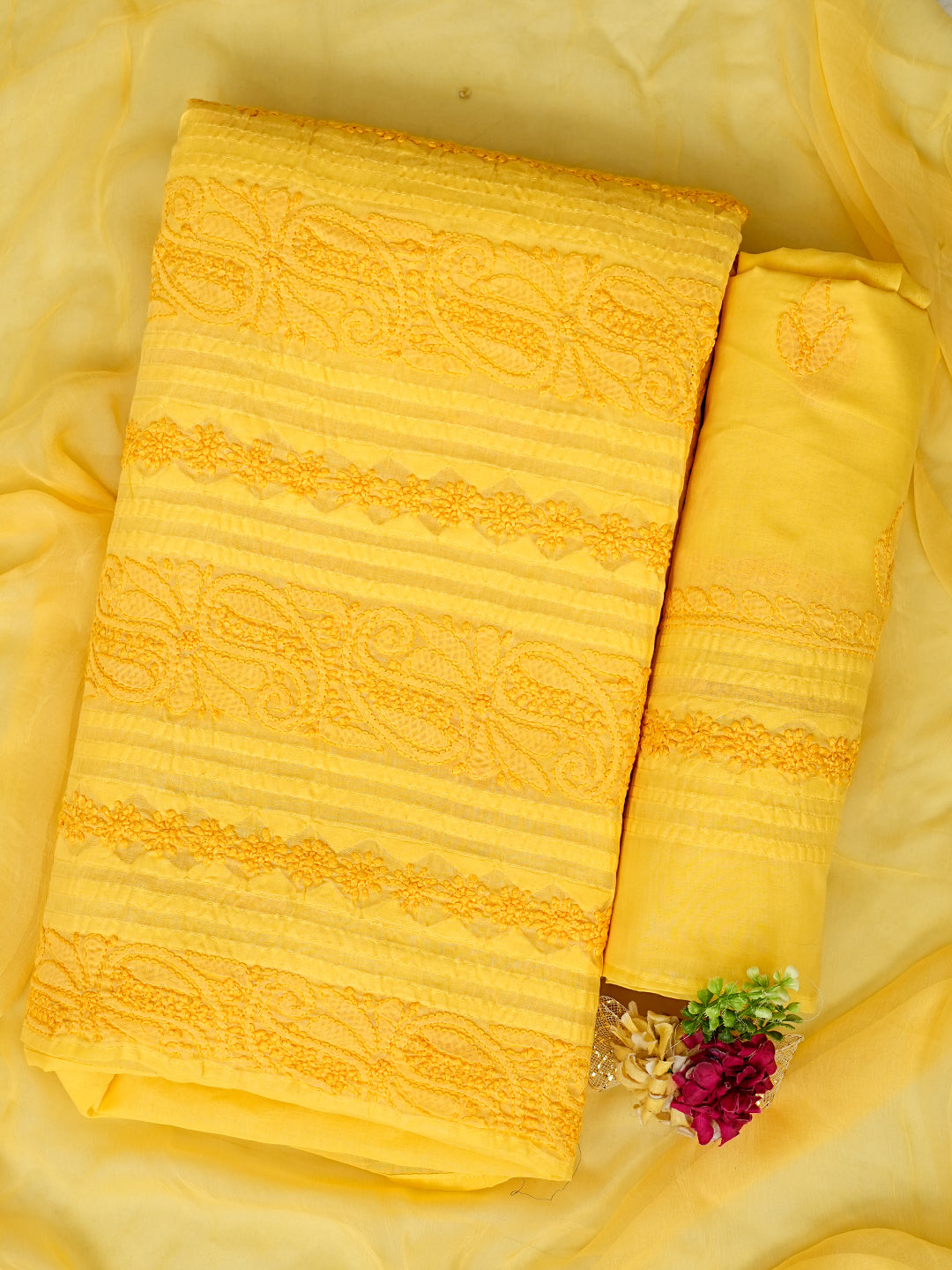 Ada Hand Embroidered Yellow Cotton Lucknowi Chikankari Unstitched Suit Piece 01A981313