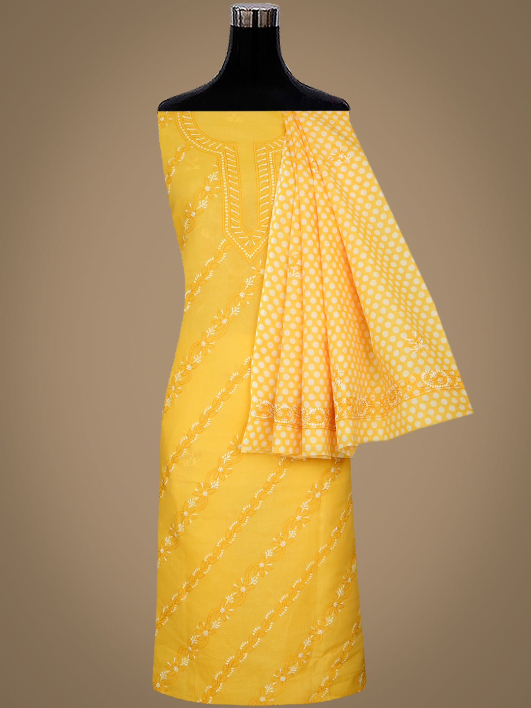 Hand Embroidered Yellow Cotton Chikankari Unstitched Suit Piece Close-Up