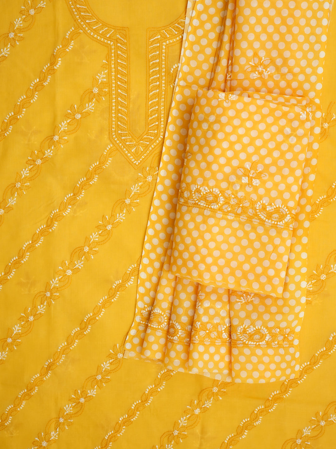 Detailed Lucknowi Chikankari Embroidery On Yellow Cotton Fabric