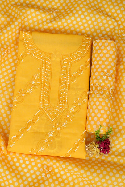 Ada Yellow Cotton Lucknowi Chikankari Unstitched Suit Piece Front View