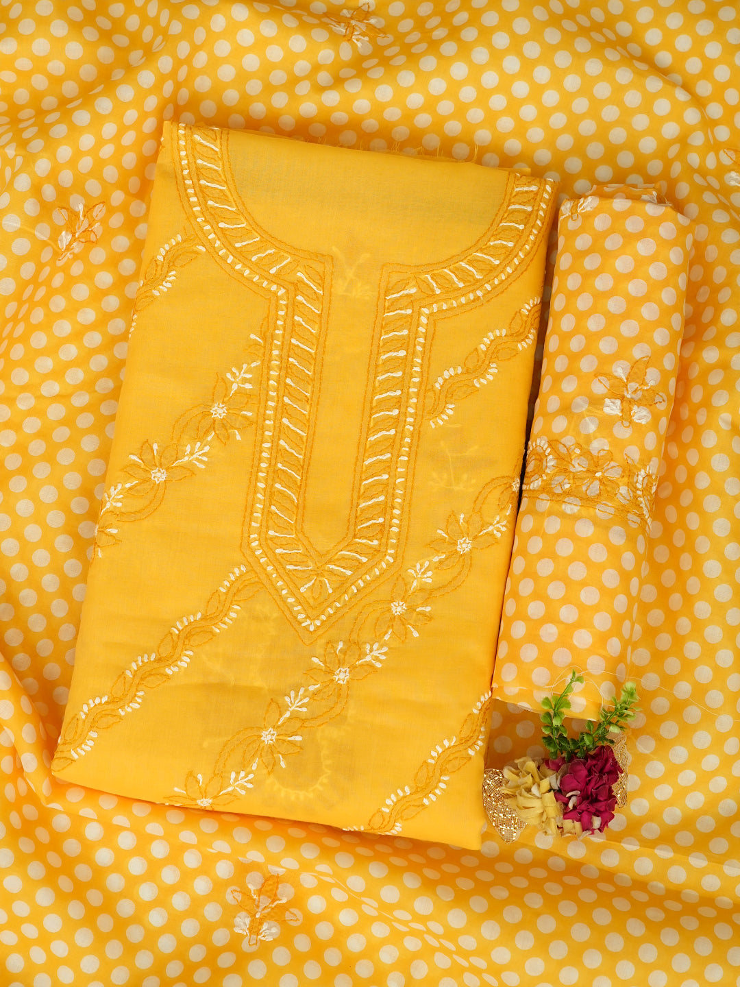Traditional Yellow Lucknowi Chikankari Unstitched Suit Piece For Women