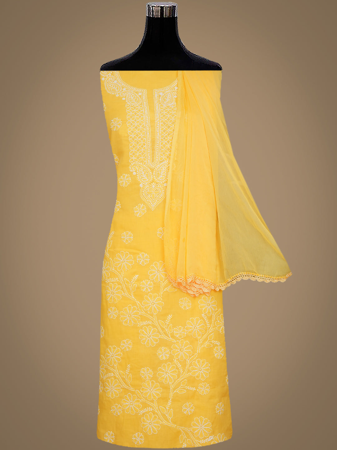 Ada Hand Embroidered Yellow Cotton Lucknowi Chikankari Unstitched Suit Piece 01A992361