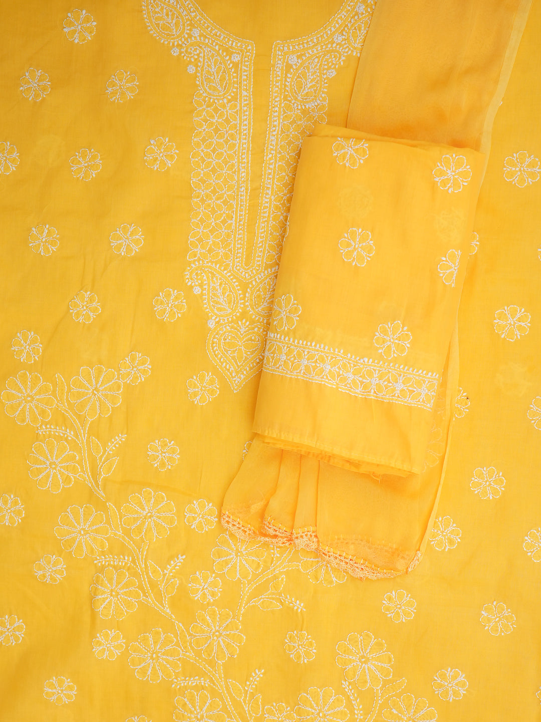 Ada Hand Embroidered Yellow Cotton Lucknowi Chikankari Unstitched Suit Piece 01A992361