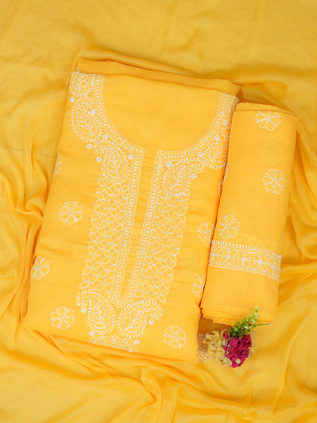 Ada Hand Embroidered Yellow Cotton Lucknowi Chikankari Unstitched Suit Piece 01A992361
