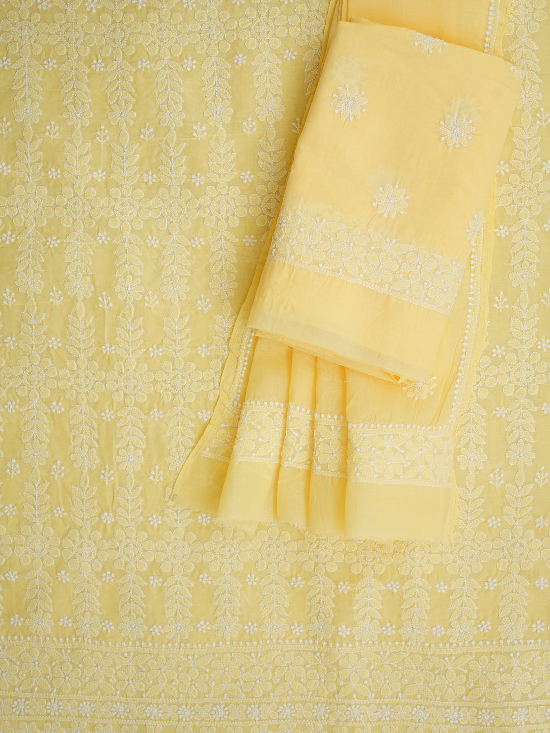 Ada Hand Embroidered Yellow Cotton Lucknowi Chikankari Unstitched Suit Piece 01A999495