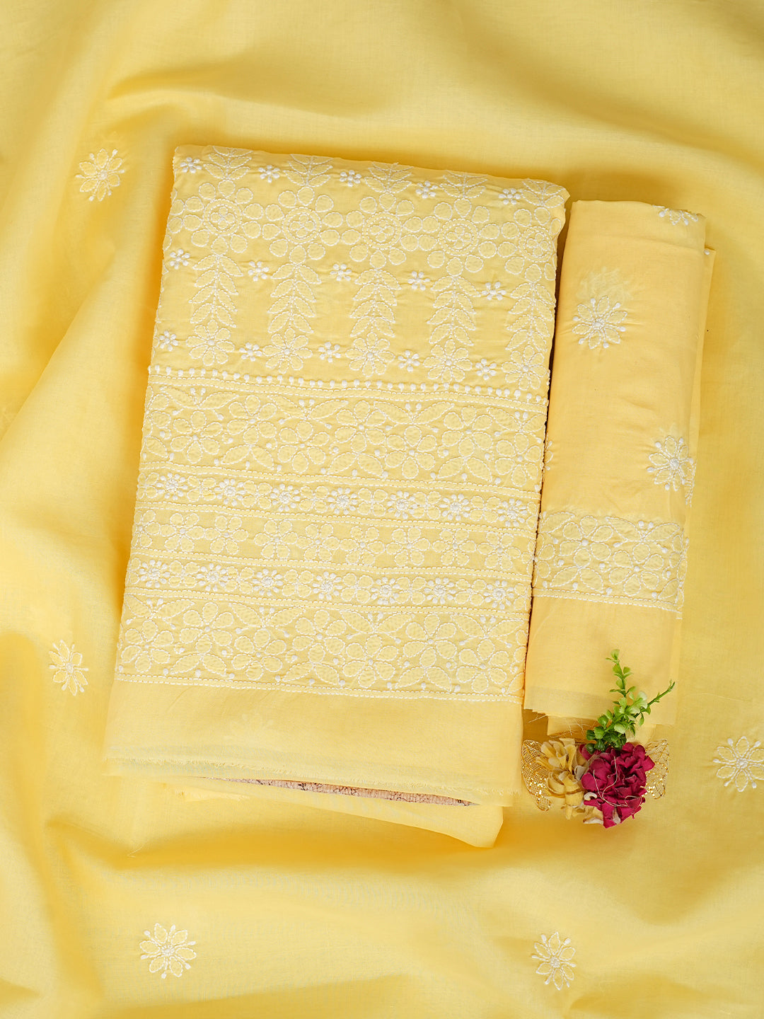 Ada Hand Embroidered Yellow Cotton Lucknowi Chikankari Unstitched Suit Piece 01A999495