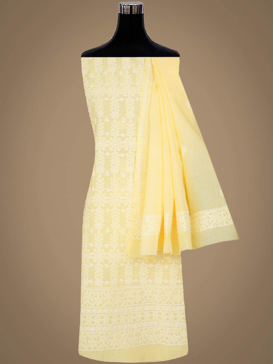 Ada Hand Embroidered Yellow Cotton Lucknowi Chikankari Unstitched Suit Piece 01A999495