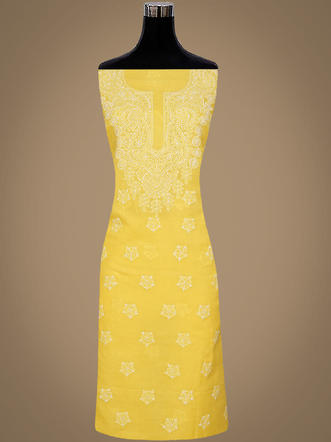 Ada Hand Embroidered Yellow Cotton Lucknowi Chikankari Unstitched Suit Piece With Chiffon Dupatta_2