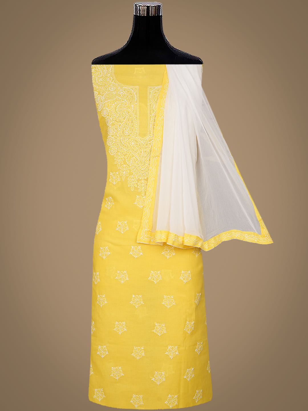 Ada Hand Embroidered Yellow Cotton Lucknowi Chikankari Unstitched Suit Piece With Chiffon Dupatta_3