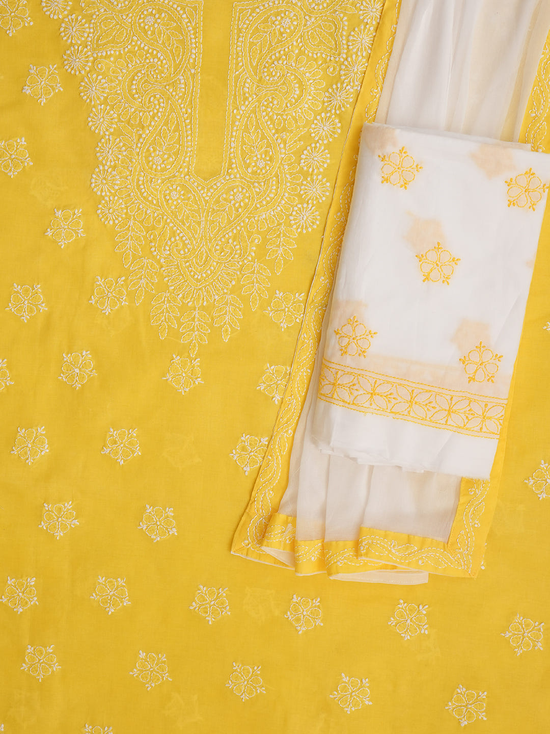 Ada Hand Embroidered Yellow Cotton Lucknowi Chikankari Unstitched Suit Piece With Chiffon Dupatta_6
