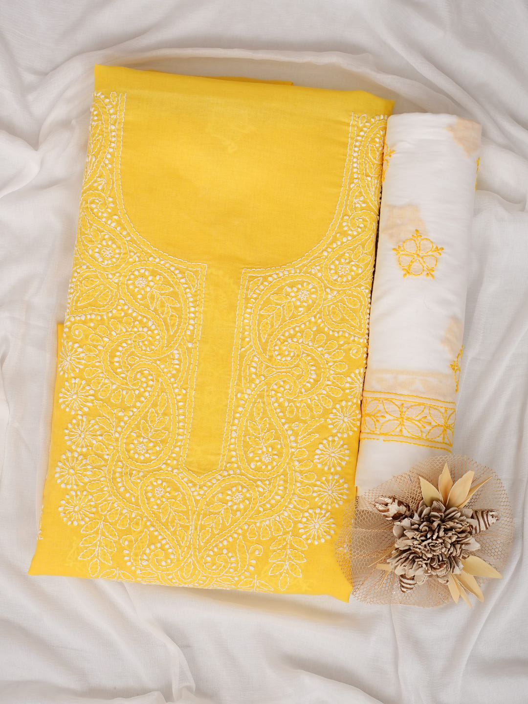 Ada Hand Embroidered Yellow Cotton Lucknowi Chikankari Unstitched Suit Piece With Chiffon Dupatta_1
