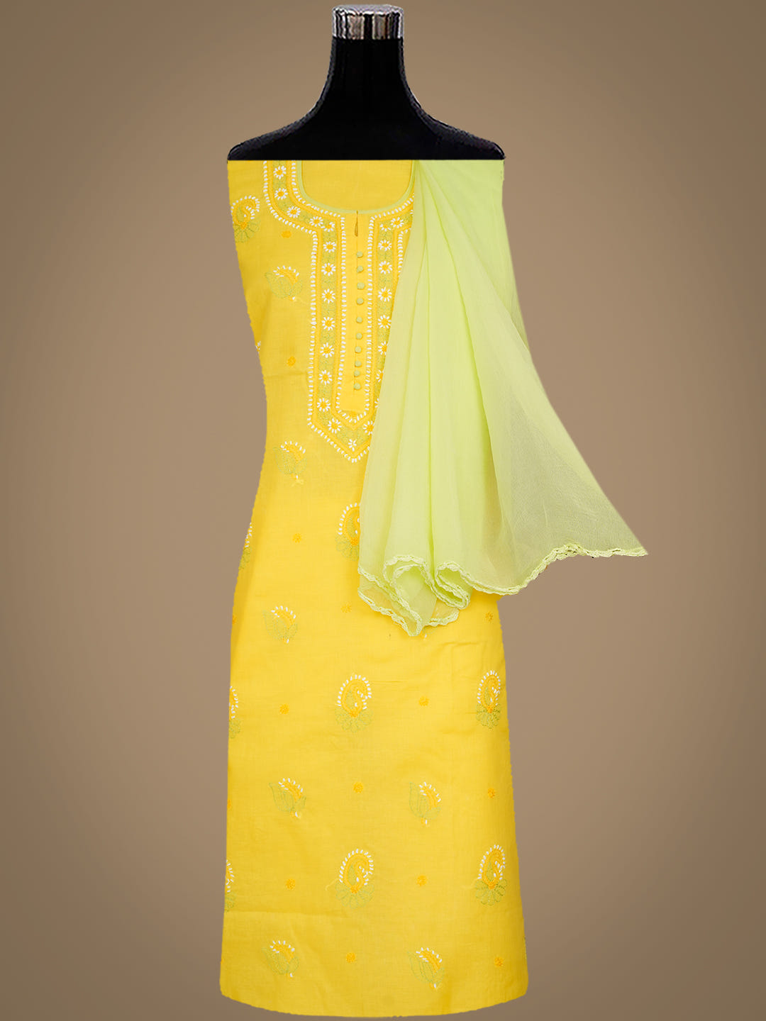 Ada Hand Embroidered Yellow Cotton Lucknowi Chikankari Unstitched Suit Piece With Chiffon Dupatta 01A1013671_4