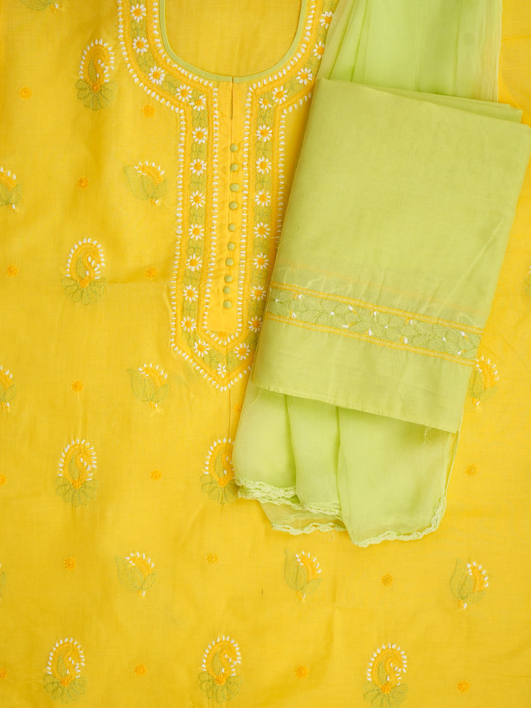 Ada Hand Embroidered Yellow Cotton Lucknowi Chikankari Unstitched Suit Piece With Chiffon Dupatta 01A1013671_5