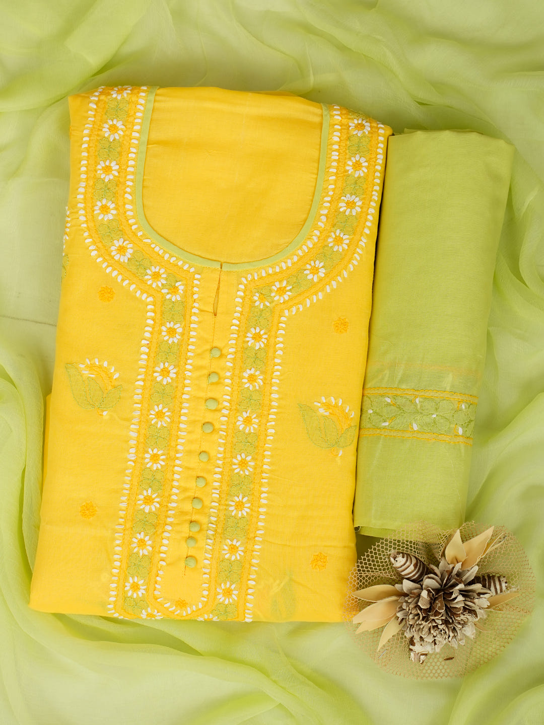 Ada Hand Embroidered Yellow Cotton Lucknowi Chikankari Unstitched Suit Piece With Chiffon Dupatta 01A1013671_1