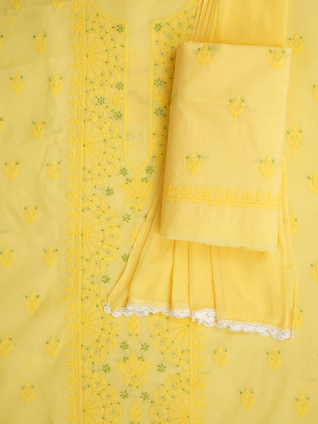 Ada Hand Embroidered Yellow Cotton Lucknowi Chikankari Unstitched Suit Piece With Chiffon Dupatta 01A1025552_2