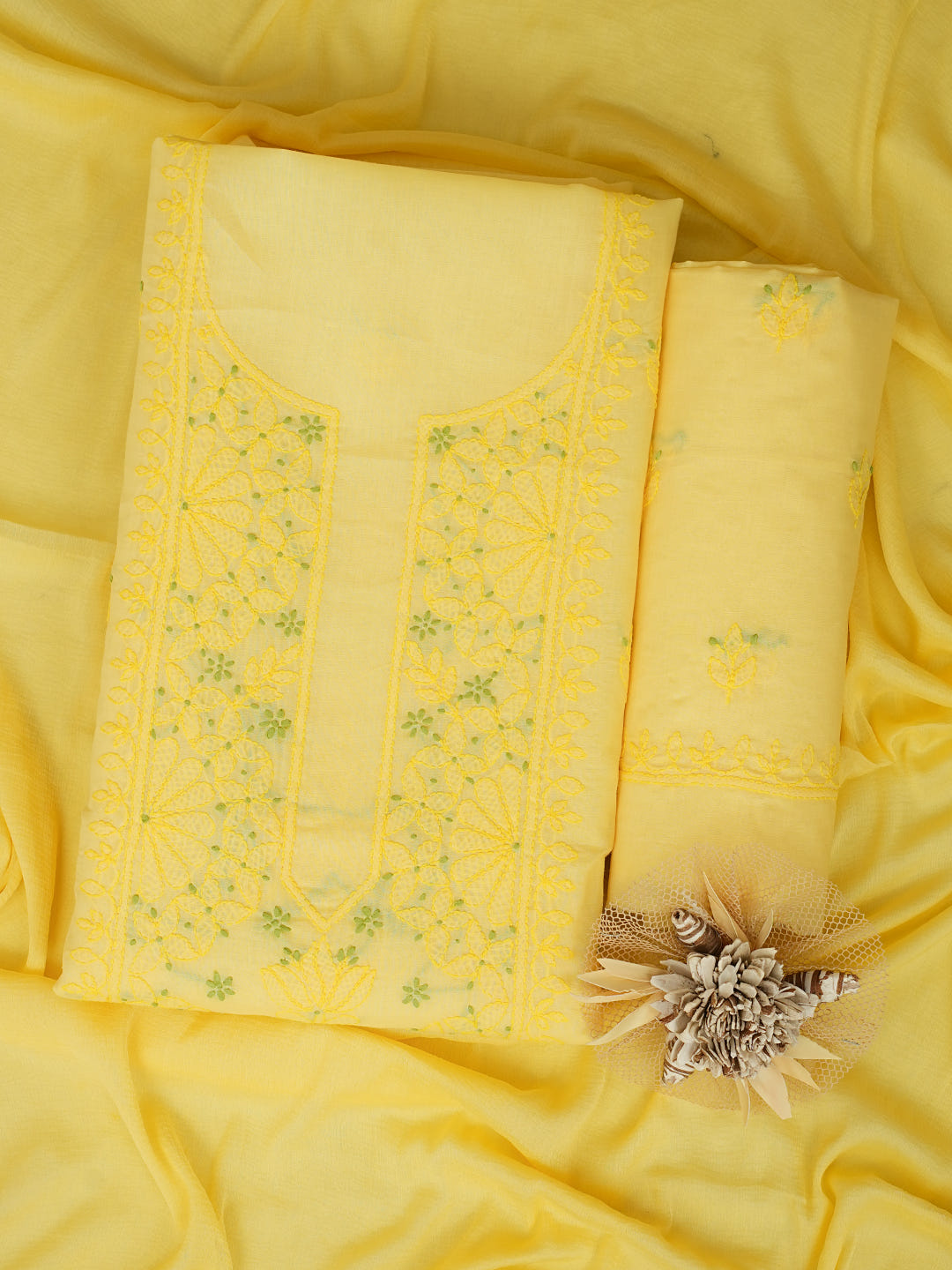 Ada Hand Embroidered Yellow Cotton Lucknowi Chikankari Unstitched Suit Piece With Chiffon Dupatta 01A1025552_1