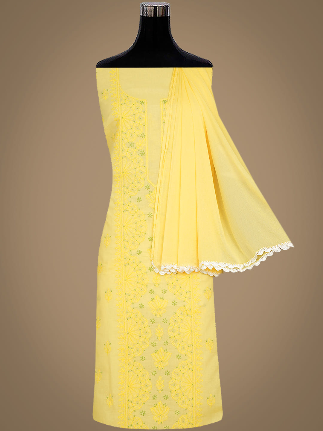 Ada Hand Embroidered Yellow Cotton Lucknowi Chikankari Unstitched Suit Piece With Chiffon Dupatta 01A1025552_8